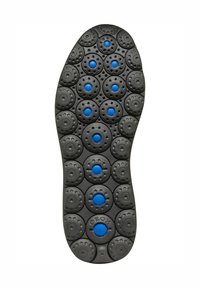 Suola in gomma nera con motivi circolari e accenti blu. Presenta bolle tonde per trazione e ventilazione, logo GEOX in rilievo sul lato.
