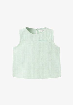 Haut sans manches pour tout-petit, vert menthe clair texturé, avec encolure ronde et fermeture arrière à boucle avec bouton.