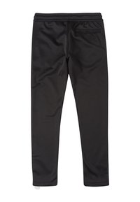 Pantalones deportivos negros hechos de una tela suave y elástica. Cuentan con una cinturilla con cordón y un bolsillo trasero.