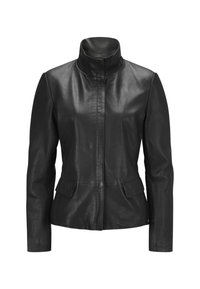 Schwarze Lederjacke mit hohem Kragen, Frontreißverschluss und zwei seitlichen Taschen. Glatte Textur mit taillierter Passform und minimalistischer Gestaltung.