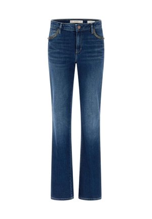 Dunkelblaue Jeans aus Denim mit geradem Bein, kontrastierenden Nähten, dezenten Verzierungen an den Taschen und einem klassischen vorderen Knopfverschluss.