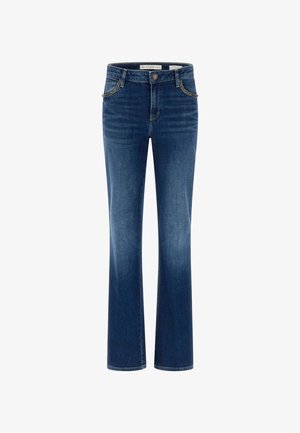 Donkerblauwe spijkerbroek met een rechte pijp, voorzien van contrasterende stiksels, subtiele versieringen op de zakken en een klassieke knoopsluiting aan de voorkant.