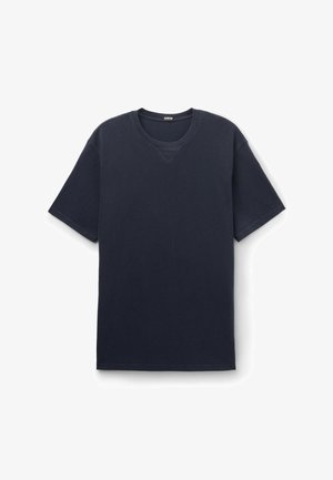 Schlichtes dunkelmarinblaues T-Shirt mit kurzen Ärmeln, rundem Ausschnitt und kleinem dreieckigem Nahtdetail unter dem Kragen.