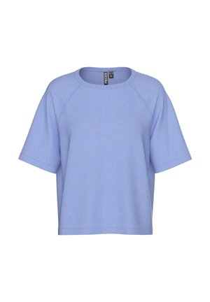 T-shirt bleu clair à manches courtes, col rond et manches raglan, fabriqué à partir d'un tissu doux et texturé. Design simple et coupe détendue.