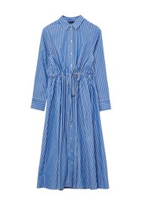 Langenärmliges Kleid mit blau-weißen Streifen, Frontknopfleiste und Zugband in der Taille. Hergestellt aus einem leichten Stoff.
