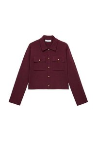 Burgundy kort jacka med långa ärmar, knäppning fram, två bröstfickor och knappar i guldfärg. Slätt tyg och klassisk kragsdesign.