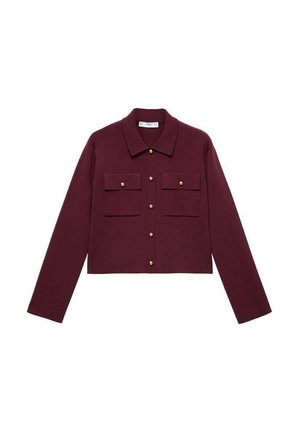 Burgundy cropped jacket with long sleeves, button front, two chest pockets, and gold-tone button accents. Smooth fabric and classic collar design.