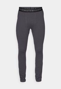 Pánské sportovní legíny, tmavě šedé, vyrobené z elastického materiálu, s elastickým pasem a černým logem. Hladká textura, přiléhavý střih.