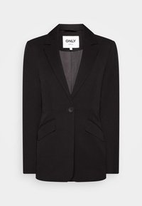 Černý blazer vyrobený z hladké tkaniny, s klopovým límcem, jedním knoflíkovým zapínáním a dvěma předními kapsami s přizpůsobeným střihem.