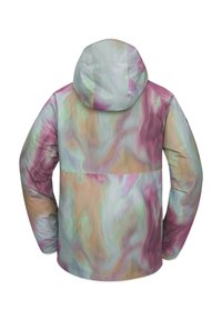 Multikleurige jas met een golvend, abstract patroon in pastelkleuren van roze, groen en beige. Inclusief een capuchon en lange mouwen.