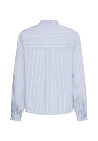 Blouse bleu clair à manches longues avec rayures blanches verticales et horizontales, poignets boutonnés et col montant à volants, vue de dos.