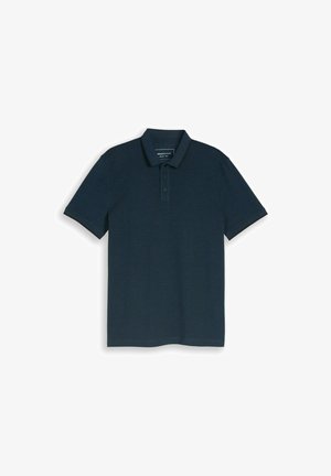 Marineblaue Poloshirt mit kurzen Ärmeln, Drei-Knopfleiste und klassischem Kragen, auf weißem Hintergrund dargestellt.
