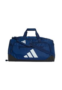 Borsa da viaggio blu navy in materiale sintetico, con grandi dettagli del logo bianchi, doppie maniglie, tracolla regolabile e più scomparti con cerniera.