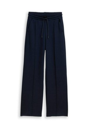 Pantalons larges bleu marine en tissu doux, avec une taille à cordon, des poches latérales et des plis devant pour une coupe décontractée.