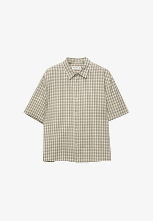Chemise à manches courtes à boutons, motif à carreaux vert et beige ; col ; tissu léger ; présente cinq boutons sur le devant.