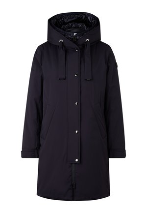 Navy blue waterproof parka with a large hood, front pockets, silver button closures, and drawstrings at the neck for adjustment.