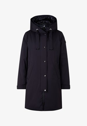 Navy blue waterproof parka with a large hood, front pockets, silver button closures, and drawstrings at the neck for adjustment.