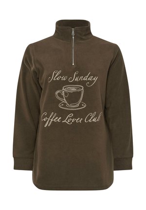 Pullover in pile marrone con mezza cerniera, caratterizzato da un testo bianco che recita "Slow Sunday Coffee Lover Club" e un'illustrazione di tazza di caffè.