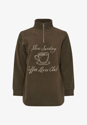 Ruskea fleece-pullove, jossa on puoli vetoketju. Siinä on valkoinen teksti, joka lukee "Hidas sunnuntai kahvifriends" ja kahvikupin kuvasto.