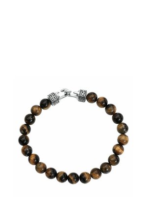 Bracelet with polished round tiger's eye beads and silver decorative cube clasps on a white background.