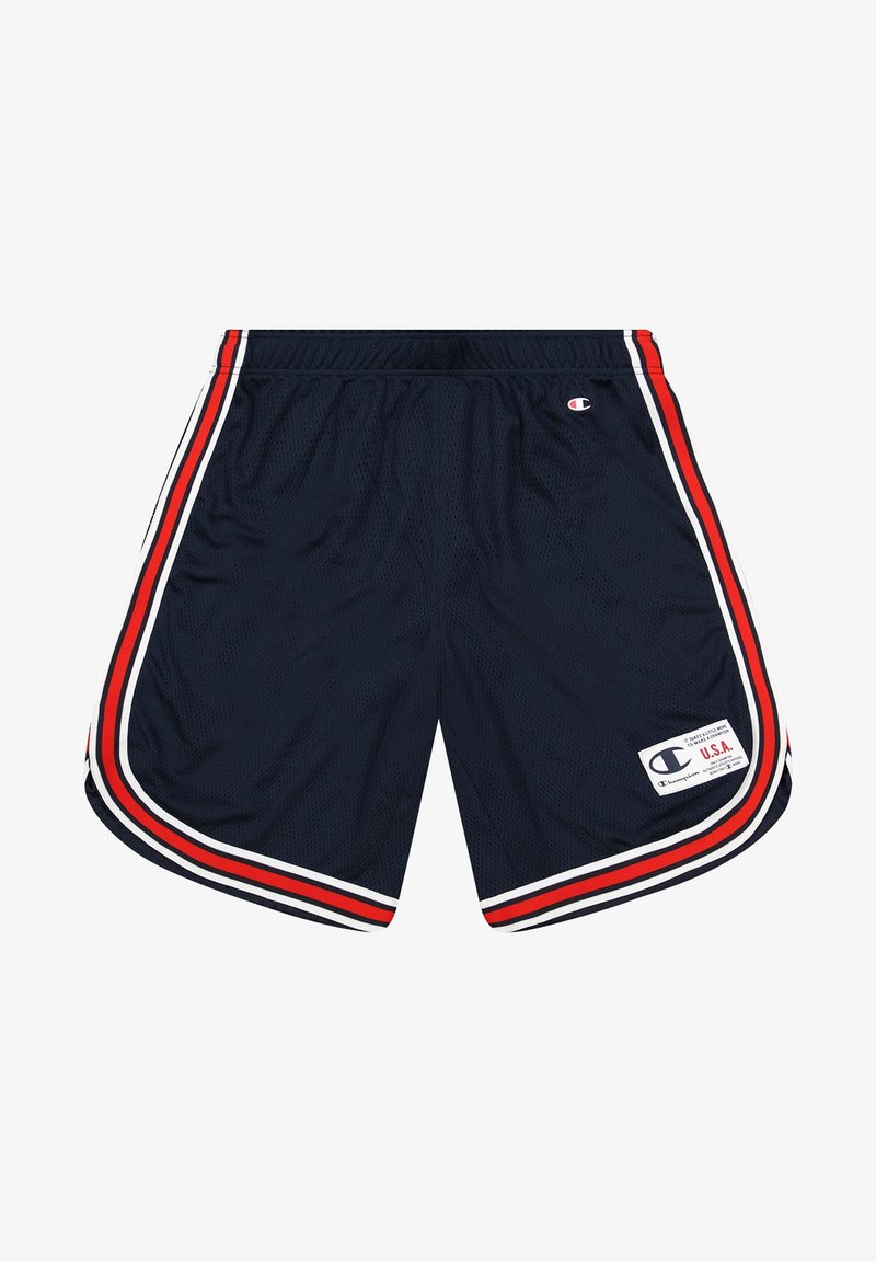 Shorts de sport en mesh bleu marine avec bandes latérales rouges et blanches, taille élastique et écusson logo Champion sur la jambe gauche.