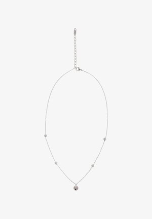 Delicate zilveren ketting met vijf kleine ronde kristallen kralen gelijkmatig verdeelde en een iets grotere centrale zilveren kraal als hanger.