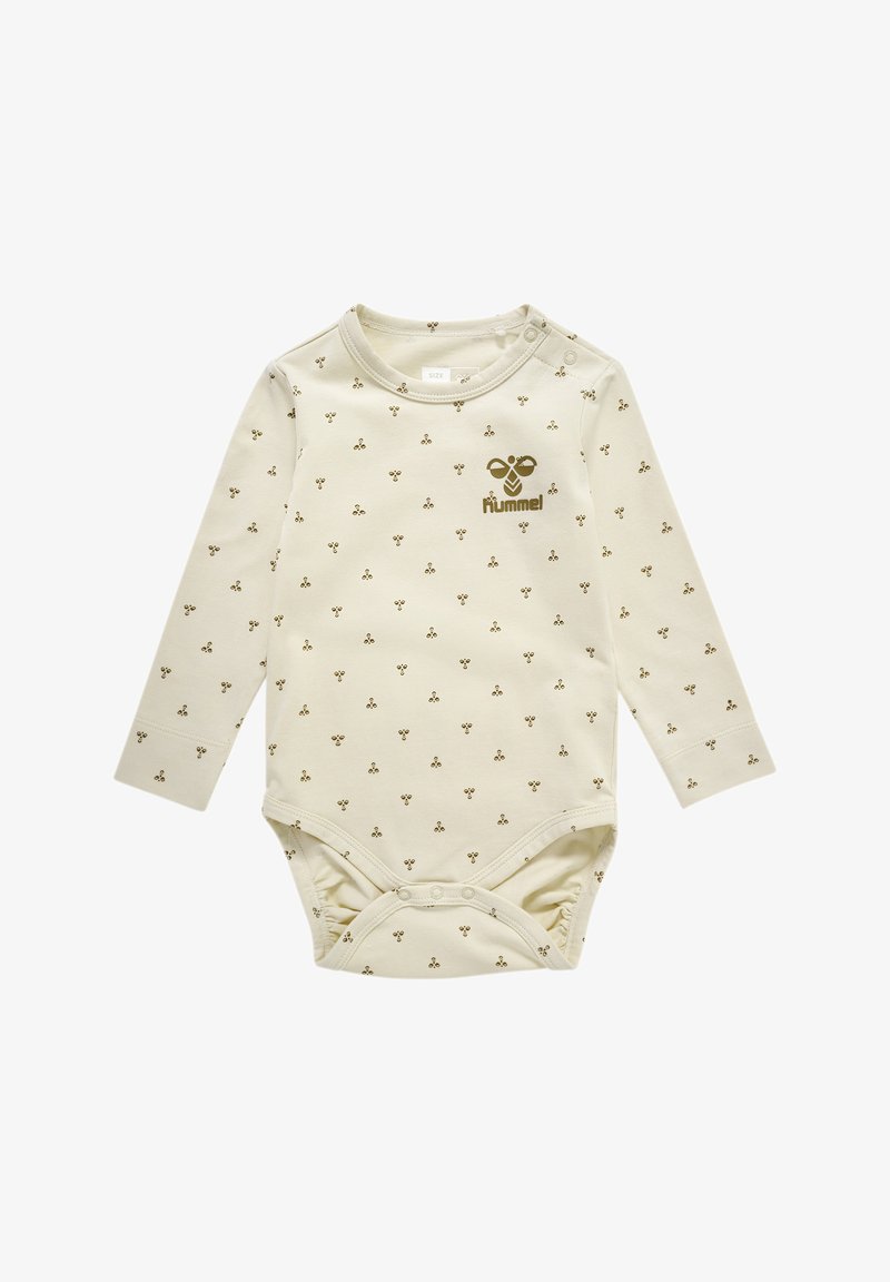 Długi rękaw body dla niemowląt w kolorze kremowym z małymi brązowymi wzorami przypominającymi pszczoły oraz pasującym brązowym logo. Posiada zapięcia na zatrzaski na ramionach i na dole.