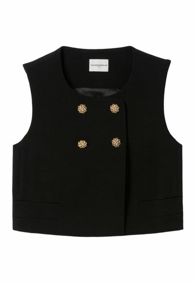 Gilet sans manches noir avec un col rond, ornée de quatre embellissements dorés à l'avant et de deux poches latérales. Tissu à texture lisse.