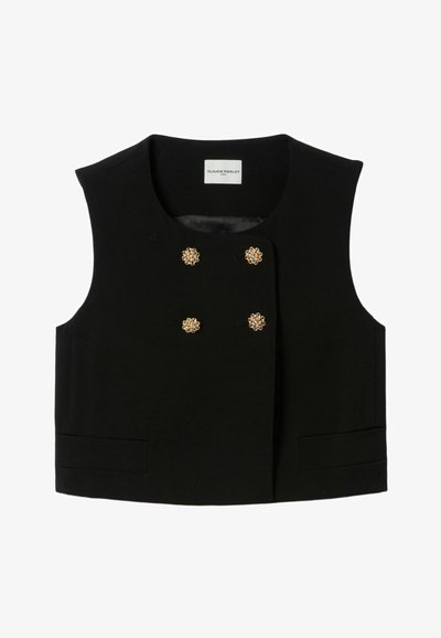 Gilet sans manches noir avec un col rond, ornée de quatre embellissements dorés à l'avant et de deux poches latérales. Tissu à texture lisse.