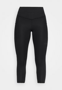 Czarne sportowe legginsy o wysokim stanie z bocznymi kieszeniami i dyskretnym logo na udzie, wykonane z elastycznej, dopasowanej tkaniny.