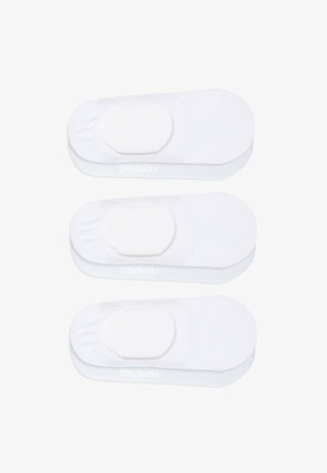 White no-show socks with a smooth texture, rounded toe, and cushioned footbed. Features a logo along the side. Three pairs visible.