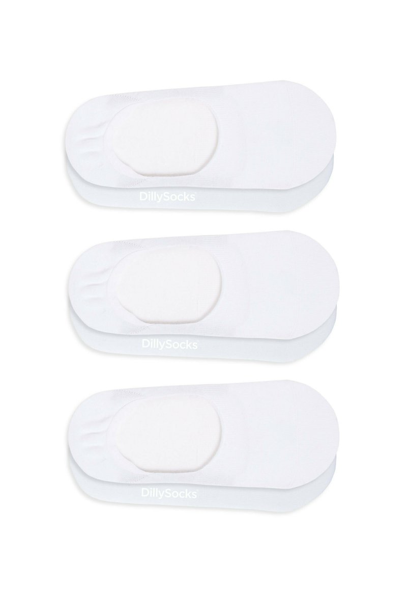 White no-show socks with a smooth texture, rounded toe, and cushioned footbed. Features a logo along the side. Three pairs visible.