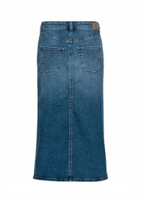 Mørkeblå denim midi-nederdel med lige snit, to baglommer og et taljebånd med mærket lærkat. Klassiske stikninger.