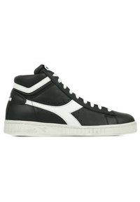 Sneakers alte in pelle nera con accenti bianchi, dotate di lacci, suola testurizzata e finitura liscia con dettagli perforati.