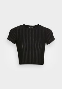Czarny prążkowany crop top z krótkimi rękawami, z okrągłym dekoltem i pionowym wzorem. Miękka faktura i dopasowany krój.
