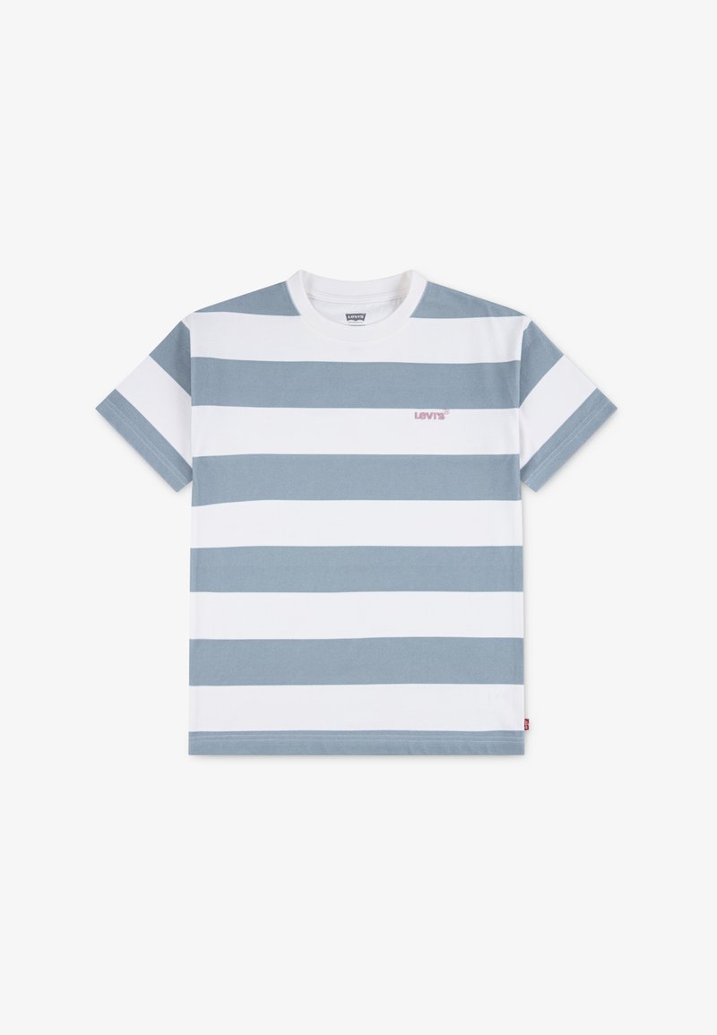 Κοντομάνικο μπλουζάκι με οριζόντιες ριγέ ρίγες σε γαλάζιο και λευκό, στρογγυλή λαιμόκοψη και μικρό ροζ λογότυπο Levi's στο μπροστινό μέρος.