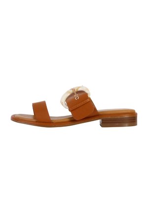 Sandal in pelle marrone con una fascia larga e un accento decorativo trasparente. Tacco basso a blocco, design minimalista, texture liscia.