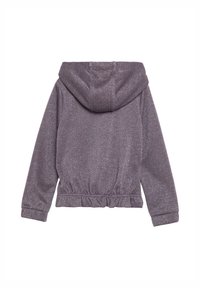 Lila, glitzernder Kapuzenpullover mit langen Ärmeln, taillierter Passform und strukturierter Oberfläche. Verfügt über eine geräumige Kapuze und elastische Bündchen.