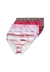 Vijf paar dames katoen onderbroek in verschillende tinten roze en bruin, met een gestreept patroon op het voorste paar en strikaccenten.