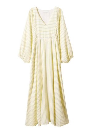 Lange lichtgele jurk met dunne verticale strepen, diepe V-hals, geplooide taille en lange puffmouwen met elastische manchetten.