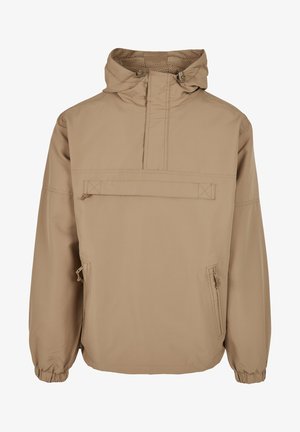 Beige hoodie met een voorzak met rits, elastische manchetten en ademende mesh voering. Gemaakt van lichtgewicht, waterafstotende stof.