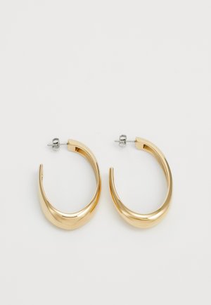Gold-colored hoop earrings with a smooth, curved design. Made of metal, featuring a sleek finish and post-back closure.