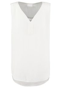 Blusa bianca senza maniche con scollatura a V e dettaglio plissettato. Presenta un tessuto morbido e leggero e un orlo posteriore leggermente più lungo.