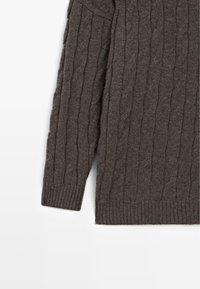 Maglione in lana a treccia marrone con maniche e lato, polsini e orlo a costine, su sfondo bianco.