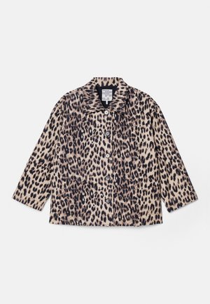 Veste en imprimé léopard avec un col, des manches longues et des boutons sur le devant. Fabriquée en tissu texturé dans des teintes de beige et de noir.