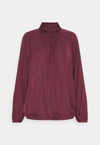 Top bordeaux a maniche lunghe con colletto alto, dettagli raccolti sul collo e orlo elasticizzato. Texture liscia con vestibilità comoda.