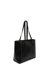 Black leather tote bag with long straps, featuring a smooth texture and metallic studs along one seam. Simple rectangular design.