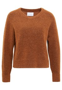 Brązowy sweter wełniany z okrągłym dekoltem, długimi rękawami i miękką teksturą. Posiada luźny krój oraz ribbowe mankiety i dół.