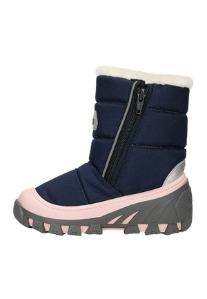 Marineblaue isolierte Stiefel mit seitlichem Reißverschluss, Kunstfellkragen, grauen Akzenten, rosa Sohle und strukturiertem Gummitraktionsprofil.