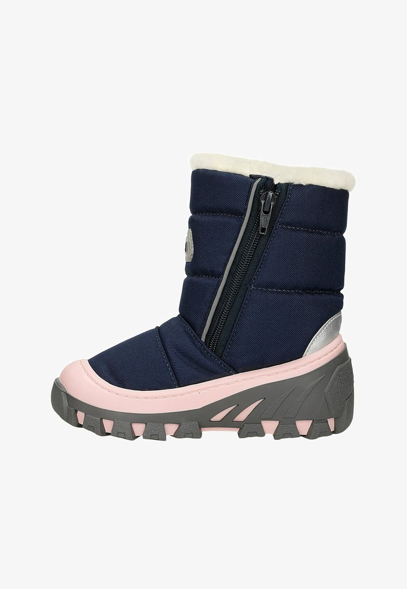 Marineblauwe geïsoleerde laars met een zijrits, nepbontkraag, grijze accenten, roze zool en een gestructureerde rubberen grip.